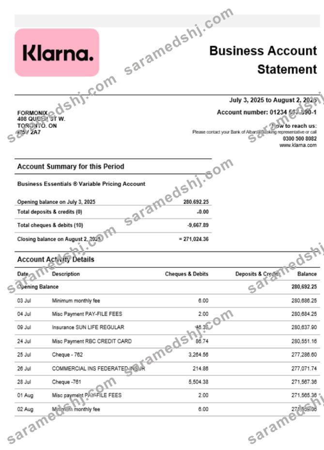 Klarna Bank firm account statement Word and PDF template